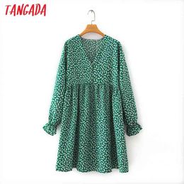 Spring Fashion Women Green Flowers Print V Neck Long Sleeve Casual Female Ruffle Dress 7Y8 210416