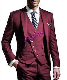 High Quality One Button Burgundy Groom Tuxedos Peak Lapel Wedding/Prom/Dinner Groomsmen Men Suits Blazer (Jacket+Pants+Vest+Tie) W1362