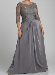 2021 Popular Style Plus Size Grey Mother of the Bride Dress 3 4 Sleeve Scoop Neck Lace Chiffon Floor Length Formal Gowns Custom225H