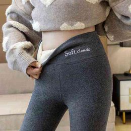 Women's Leggings Winter Thick Warm Trouser Hight Waist Fleece Lined Thermal Stretchy Slim Body Lambswool Pants Letter Embroidery 211117