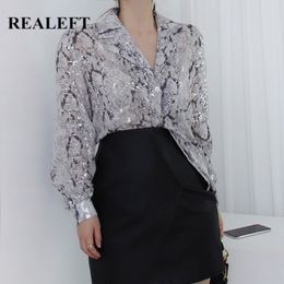 Spring Vintage Snake Sequined Printed Women's Shirt Female Blouse Tops Long Sleeve Korean Style Loose Blouses 210428