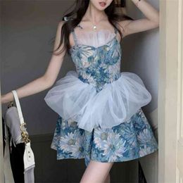 French Retro Oil Painting Sling Dress Women's Summer Short Sweet Princess Y2k Party 210529