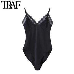 TRAF Women Sexy Fashion With Lace Trims Skinny Bodysuits Vintage Backless Thin Straps Female Playsuits Chic Tops 210415