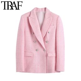 TRAF Women Fashion Double Breasted Tweed Blazer Coat Vintage Long Sleeve Pockets Female Outerwear Chic Veste Femme 211006