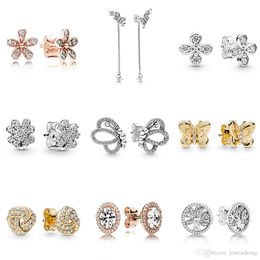 NEW 100% 925 Sterling Silver fit pandora Earrings Flower type Hollow Ear Studs charm Beads Fit Original DIY Dangler Wholesale factory