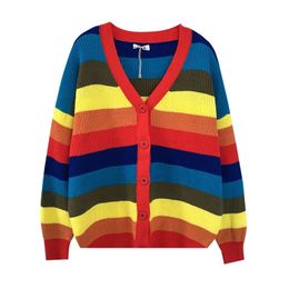 Women Fashion Button Up Sweater Autumn Winter Long Sleeved Loose V Neck Korean Cardigan Woman Striped Knitted Top 210525