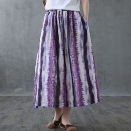 Johnature Summer Cotton Linen Loose Plus Size Pockets Retro Striped Half Skirt Simple Comfortable Women Fashion Skirts 210521