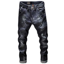 Men's Jeans Hole Nostalgic Jeans Denim Brand Men Black Jeans Size 28-36 Straight Slim Fit Pants Holes Trousers Y0927