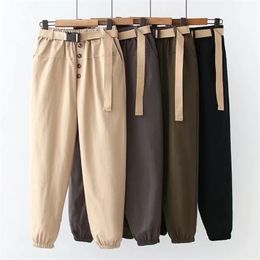 Long Harem Pants Women With Belt Spring Autumn Korean Style Button High Elastic Waist Cargo Trousers Female 210421