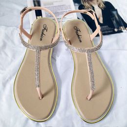 New Women's Flat Sandals Rhinestone Clip T-type Fashion Casual Shoes Women Buckle Beach Sandals Ladies Thong shoe Female Summer Y0608