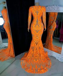 Sparkly Plus Size Prom Dresses 2021 V-neck Long Sleeve Orange Sequined African Black Girls Mermaid Evening Occasion Dress272i