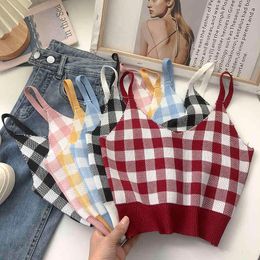 Summer Korean camisole top for womens retro casual solid Colour Cheque plaid V-neck short sleeveless knitted camisole top women 210514