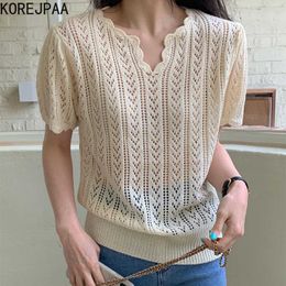 Korejpaa Girl T-Shirt Summer Korea Chic Retro Temperament V-Neck Micro-Transparent Crochet Hollow Puff Sleeve Knit Pullover 210526