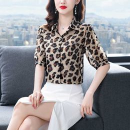 Women's Shirt Chiffon Blouses for Women Short Clothing Leopard Polo Neck Blouse Female Drop s OL 210604