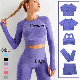 Seamless Yoga Set Women's tracksuit Sport Outfit Long Sleeve Custom Sportswear fitness Gym Clothing summer Leggings suit 210802
