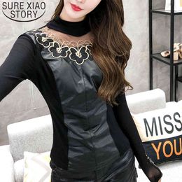 Shirts Women Ladies Tops Black Long Sleeve Solid Turtleneck Hollow Out Diamond Lace Korean Fashion Clothing Top 7841 50 210415