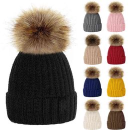 Lovely Child Women Beanies Hats Warm Winter Pompom Fur Knitted Beanie Caps Women Baby Girls Boy Fur Pom Hat Ski Snow Cap Y21111