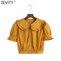 Women Sweet Agaric Lace Peter Pan Collar Solid Short Shirt Female Puff Sleeve French Style Blouse Roupas Chic Tops LS9197 210420