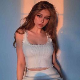 Patched Lace Sexy Knit Y2K Crop Tops For Girls Fashion Women Summer Sleeveless Casual Tee White Basic Tank Vest Streetwear 210415