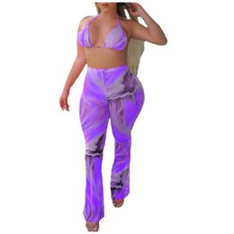 Sexy Night Club Fashion 2 Pieces Women Set Halter Bikini Full Flare Pants Chiffon Novelty Outfits#f35 Women's Swimwear