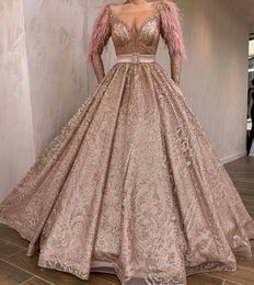 Exquisite Luxury Prom Dresses Feather Sequins Lace Aoppliqued Sexy Sheer Neck Custom Made A Line Evening Dress Sweep Train Celebrity Party Gown Bling Robe De Mariée