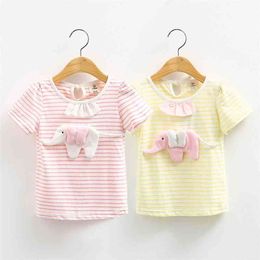Girls Clothes Summer Pure Cotton Yellow Pink Solid Color Patchwork Elephant Decoration Short Sleeve O-Neck T-Shirt For Girl 210701