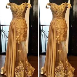 Gold Mermaid Evening Dresses Latest Lace Beaded Prom Dress Ruched Floor Length Illusion Skirt Formal Party Gowns Plus Size 328 328