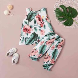 Summer Children Sets Casual Girls Sleeveless O Neck Tops Long Pants Print Floral Cute Clothes 2T-6T 210629