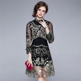 High Quality Vintage Hollow Out Mesh Dresses Women See Throught Black Embroidery Party Mini Short Dress 210603