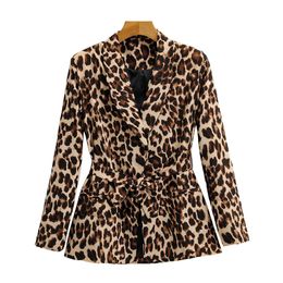 Women Fashion With Belt Leopard Print Blazer Coat Vintage Long Sleeve Animal Pattern Female Outerwear Chic Tops 210521