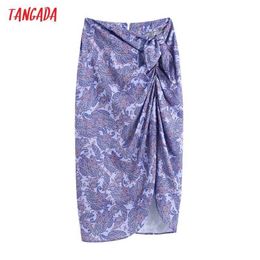 Tangada Women Chic Fashion Paisley Print Wrap Midi Skirt with Knot Vintage High Waist Back Zipper Female Skirts BE910 210609