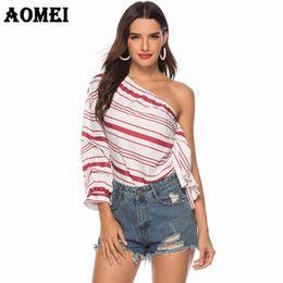 Women Striped One Shoulder Blouse Sexy Fashion Puff Sleeves Female Casual Ruffles Bluas Tops Backless Summer Ladies Classy Wear 210416