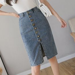 Spring Summer 2021 New Denim Pencil Skirts Single-Breasted High Waist Midi Package Hip Skirt Front Split Jean Skirts Womens X0428