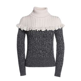 Women Sweater Turtle Neck Pullover Long Sleeve Casual Winter Grey White Patchwork Ruffle Cable M0302 210514