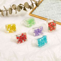 2021 Korean Style Colourful Resin Rings for Women Transparent Fruit Beads Geometric Square Finger Ring Girls Jewellery Gifts