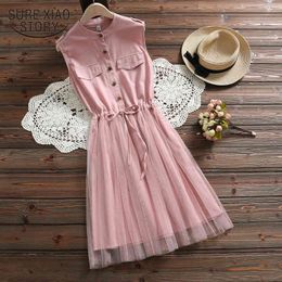 Casual Elegant Belt Waist Sleeveless Lace Blue Dresses Women Summer Dress Cotton Mesh Pink Vestidos Clothes 3518 50 210510