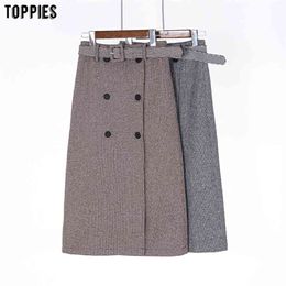 autumn winter women plaid midi skirts high waist Woollen front double breasted streetwear 210421