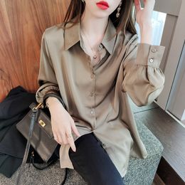 Vintage Blouse Women's Female Spring Plus size shirt fashion Casual Button Up Satin Silk Shirt Women top 232E 210420