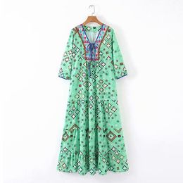 Women Print Dress Geometric Lace Up V Neck Maxi Loose D1286 210514