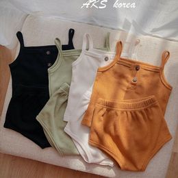 Summer Baby Boys Girls Suits Kids Pure Color Braces Sets Casual Tops + Shorts Clothing 210521