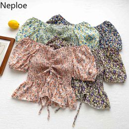 Neploe Blusas De Mujer Summer Fashion Shirt Off-shoulder Slash Neck Ruffles Drawstring Blouse Slim Floral Chiffon Crop Tops 210422
