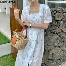Korejpaa Women Dress Summer Age-Reducing Fresh Square Neck Lace Single-Breasted Embroidered Flower Puff Sleeve Vestidos 210526
