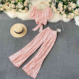 Temperament Fashion Bohemian Spring Floral Sets Two-piece Bow Tie Short Top Women High-waist Wide-leg Pants C279 210507