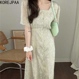 Korejpaa Women Dress Korea Elegant Temperament Square Collar Fold Texture Lace Waist Single-breasted Short-sleeved Vestido 210526