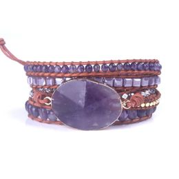Tennis Arrival 5X Leather Wrap Bracelet Natural Stone Ameth Yst Crystal Unique Boho For Women Handmade