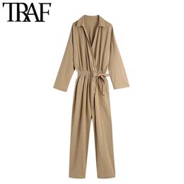 Women Fashion With Belt Side Pockets Striped Jumpsuits Vintage Long Sleeve Elastic Waist Female Playsuits Mujer 210507