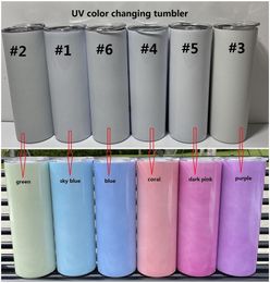 UV Colour Changing Tumbler 20oz Sublimation Tumbler Sun Light Sensing Stainless Steel Straight Tumbler with Lid and Straws