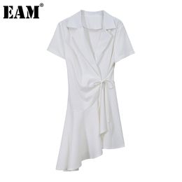 [EAM] Women Black Irregular Bandage Shirt Dress Lapel Short Sleeve Loose Fit Fashion Spring Summer 1DD8688 21512