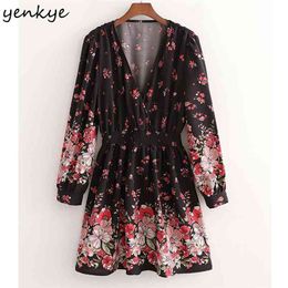 Holiday Summer Dress Women V Neck Long Sleeve Floral Print Robe Femme Elastic Waist A-line Casual Mini Vestido 210514