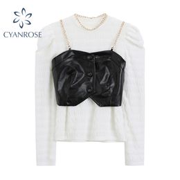 Spring Women's T Shirt With PU Leather Chain Strap Vest Outfits Lady Long Sleeve Clubwear Party Sexy Casual Tees Tops Sets 210417